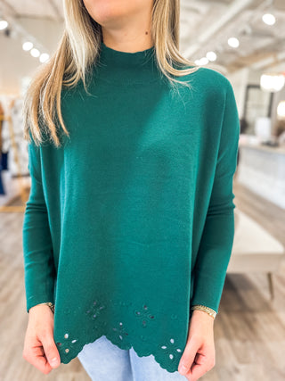 Hunter Green Soft & Sleek Scalloped Eyelet Hem Long Sleeve Sweater Top