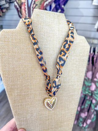 Cheetah Print Knotted Scarf Necklace W/ Pearl & Gold Heart Charm