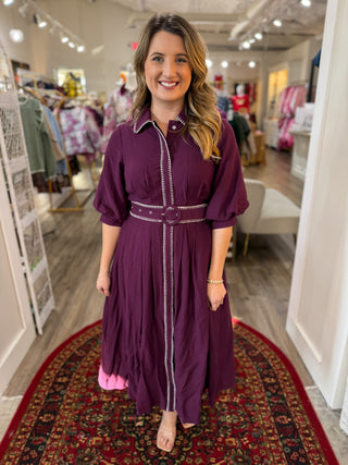 Plum Whisper Stitch Collared MIDI Dress