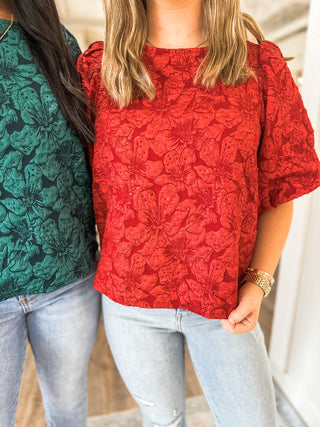 Red Runway Rose Jacquard Blouse