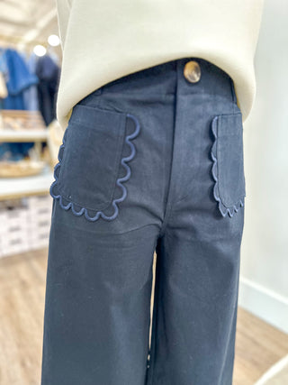 Navy Sweet Detail Scallop Pocket Wide Leg Pants