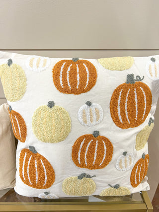 White/Orange Pumpkin Patch Embroidered Pillow