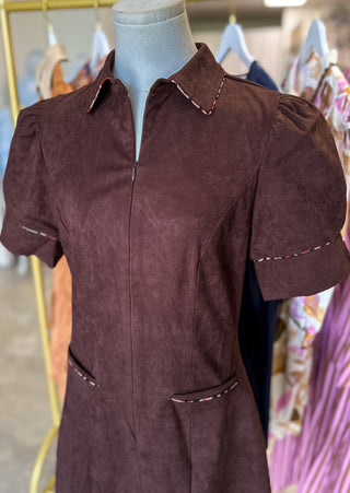 Cocoa Couture Pleated W/ Leopard Piping Suede Mini Dress