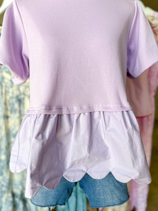 Lavender Girly Essential Scalloped Knit Ribbed Top