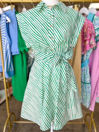 Greenline Stripe Tie-Waist Mini Dress