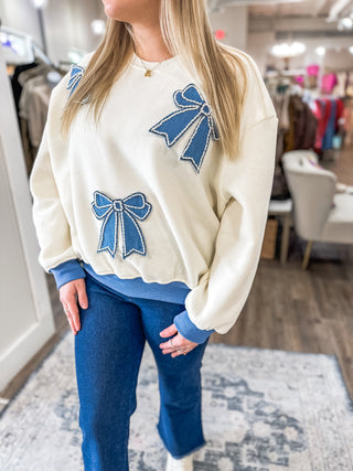 Southern Charm Cream & Denim Bow Sweatshirt