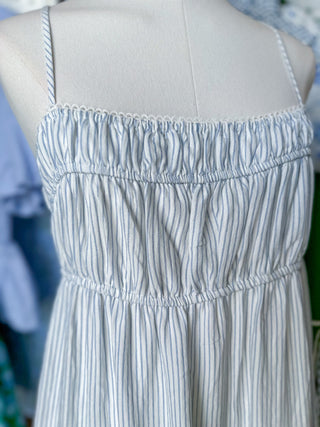 Baby Blue Stripe Shirred Empire Waist Midi Dress