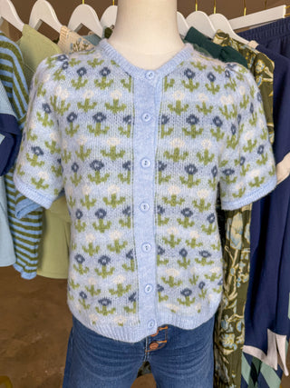 Blue Cashmere Soft Blossom Button Down Cardigan