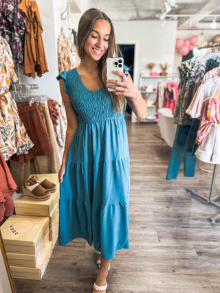 Teal Never Too Classy Smocked Midi Dress