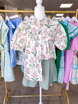 Rose Pink & Green Ditsy Floral Ruffle Defined Collar Top