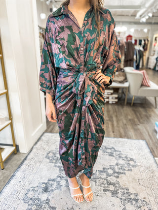 Hunter Green Printed Satin Front Tie Maxi Dress