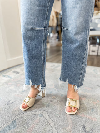 Nellie Medium Wash High Rise Crop Straight Distressed Hem Jeans- Risen