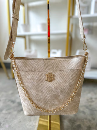 Shimmer Champagne Brielle Bucket Bag Caroline Hill