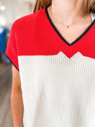 Red/Black Contrast Color V-Neck Short Sleeve Sweater