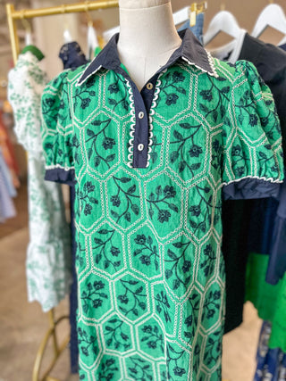Minty Green Honeycomb Embroidered Contrast Collar Dress