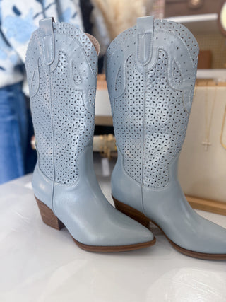 The Gabby Blue Perforated Western Boot