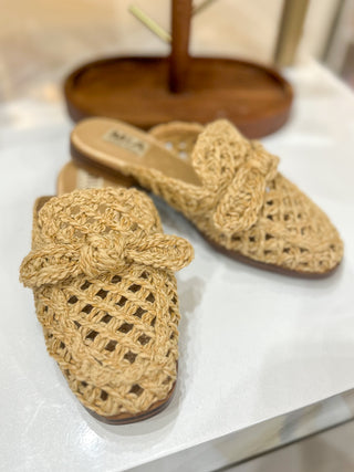 Natural Raffia Lacey Bow Detail Mule Flats