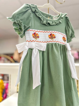 Fall Thanksgiving Chicken Smock Embroidered Green Girl Dress