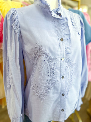 Lavendar Lucky Lace Embroidered Button-Down Blouse