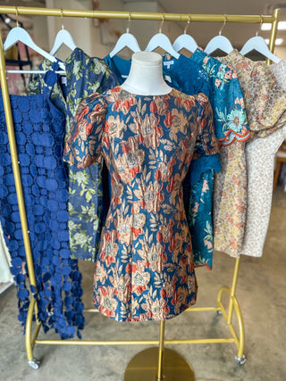 Teal Tapestry Rose Jacquard Mini Dress