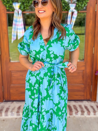 Blue & Green Riona Floral Wynette Tiered Midi Dress