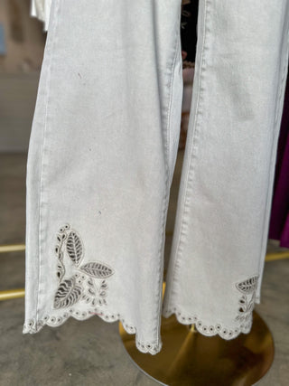 Almond Eyelet Embroidered High Rise Cropped Wide Leg Denim Jeans