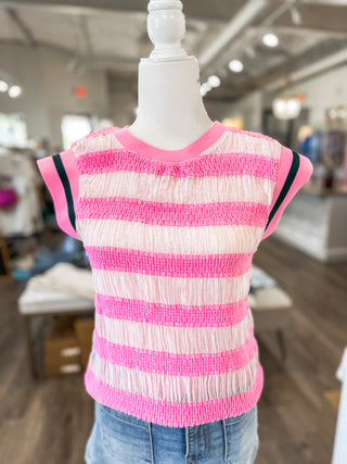 Hues of Pink Striped Sleeveless Top W/ Hunter Green Striped Accent Band