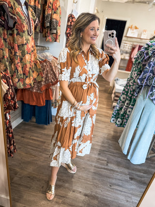 Taupe Evening Petals Short Sleeve Midi Dress