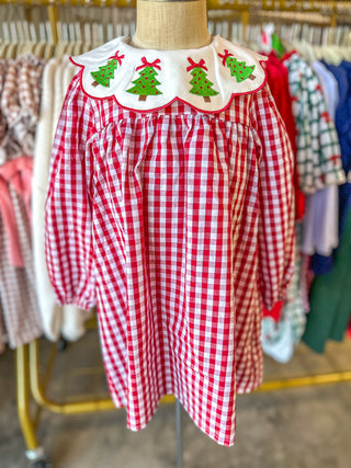 DRESS- Christmas Embroidered Christmas Tree Plaid Dress