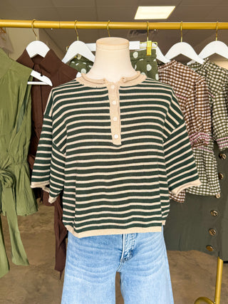 Green & Tan Striped Short Sleeve Henley Knit Top