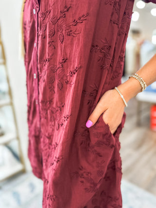 Burgundy Adorned in Ivy Vine Applique Button-down Dress