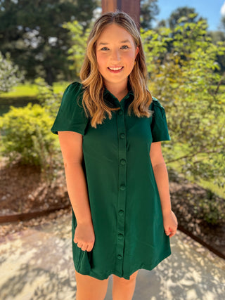 Hunter Green Charm Button Down Collared Mini Dress