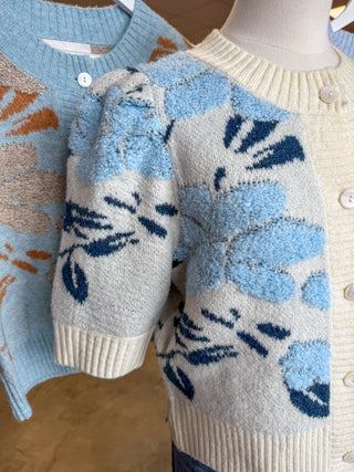 Ivory Blue Petal & Knit Short Sleeve Cardigan