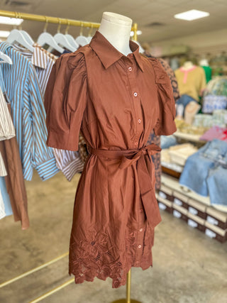 Brown Eleanor Eyelet Trim Belted Mini Dress