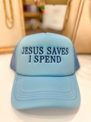 Jesus Saves I Spend Light Blue & Navy Trucker Hat