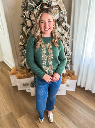 Green/Gold Bowtiful Christmas Glamour Long Sleeve Sweater