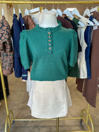 Sea Green Feminine Edge Puff Sleeve Sweater