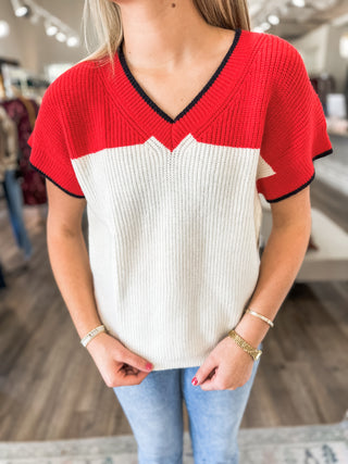 Red/Black Contrast Color V-Neck Short Sleeve Sweater