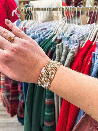 Hot Gold Beaded & Pearl Set of 10 Stretch Bracelets