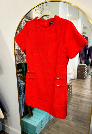 Tomato Red Tweed Twist Braided Detail Dress