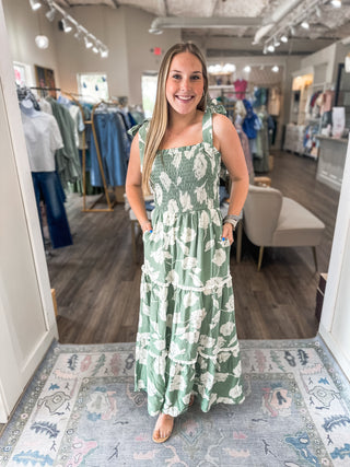 Sage & White Flower Smocking Tiered Maxi Dress with Shoulder Ties