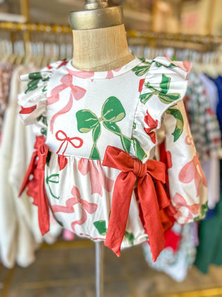 Holiday Print Christmas Bows Ruffles Girl Romper