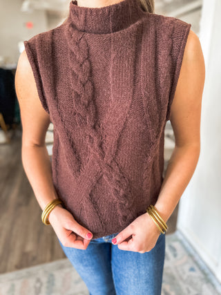 Brown Cozy Cables Knit Sleeveless Sweater