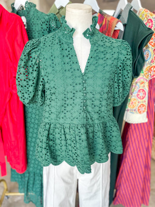 Hunter Green Eloise Eyelet Peplum Top