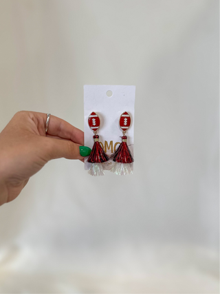 Maroon/White Football Spirit Metallic Tassel Earrings