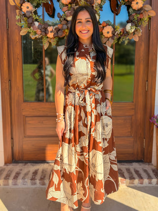 Brown Garden Society Collared Tie Waist Maxi Dress
