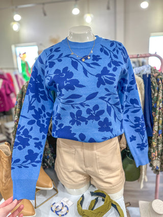 Deep Blue Combo Feminine Floral Pullover Sweater