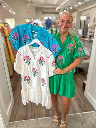 Kelly Green Cottage Bloom Embroidered Bubble Sleeve Mini Dress