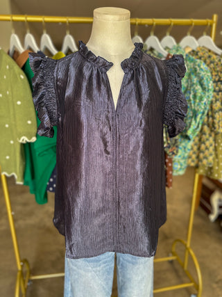 Navy Metallic Woven Flutter Sleeve Top