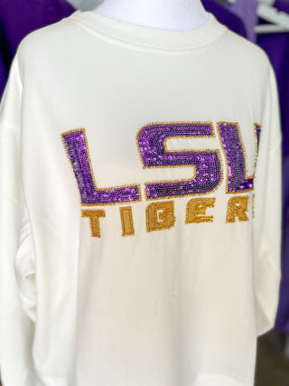 White Sarah LSU Large Logo Sequin Sweatshirt